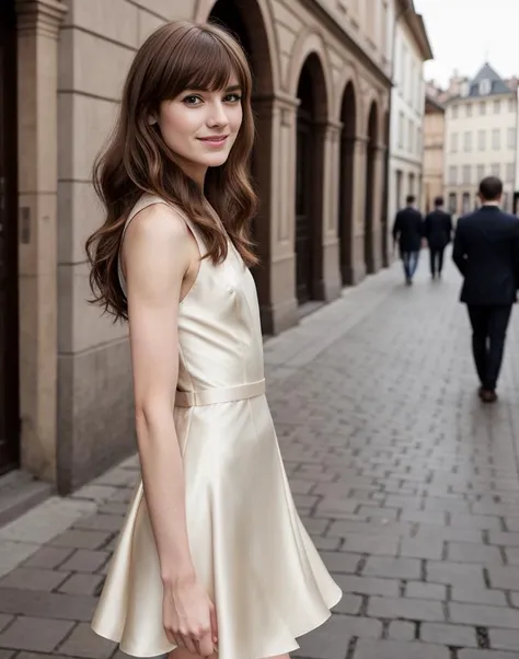 standing,posing for a picture, a slender thin 28yo man, medium chestnut length hair, blunt bangs, angular jaw, crossdressing in a petticoat silk dress, <lora:breastsizeslideroffset:-1.4> <lora:gender_slider_v1:-1.1> <lora:muscle_slider_v1:1.5> <lora:è¸é¨è°æ´:-1>, in an old european city