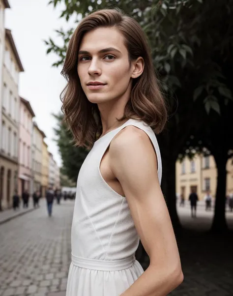 standing,posing for a picture, a slender thin 28yo man, medium chestnut length hair, angular jaw, crossdressing in a bodycon dress , <lora:breastsizeslideroffset:-1.4> <lora:gender_slider_v1:-0.7> <lora:muscle_slider_v1:1.5> <lora:è¸é¨è°æ´:-1>, in an old european city, outdoors, tree, day, sunny
