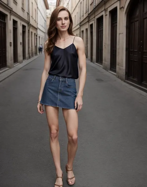standing,posing for a picture, a slender thin 28yo man, medium chestnut length hair, angular jaw, crossdressing in a jeans skirt and loose spaghetti straps silk top, <lora:breastsizeslideroffset:-1.4> <lora:gender_slider_v1:-1.1> <lora:muscle_slider_v1:1.5> <lora:è¸é¨è°æ´:-1>, in an old european city