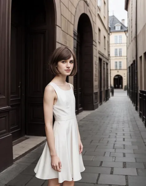 standing,posing for a picture, a slender thin 28yo man, medium chestnut length haircut, bangs, angular jaw, crossdressing in a petticoat silk dress, <lora:breastsizeslideroffset:-1.4> <lora:gender_slider_v1:-1.1> <lora:muscle_slider_v1:1.5> <lora:è¸é¨è°æ´:-1>, in an old european city