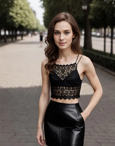 standing,posing for a picture, a slender thin  28yo man, medium chestnut length hair,  angular jaw,  crossdressing in a pencil skirt and lace spaghetti straps top,  <lora:breastsizeslideroffset:-1.4> <lora:gender_slider_v1:-0.7> <lora:muscle_slider_v1:1.5> <lora:è¸é¨è°æ´:-1>, in an old european city, outdoors, tree, day, sunny