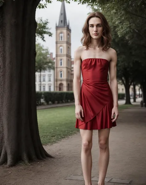 standing,posing for a picture, a slender thin 28yo man, medium chestnut length hair, angular jaw, crossdressing in a bright red strapless dress, <lora:breastsizeslideroffset:-1.4> <lora:gender_slider_v1:-0.7> <lora:muscle_slider_v1:1.5> <lora:è¸é¨è°æ´:-1>, in an old european city, outdoors, tree, day, sunny, erotic atmosphere, sweaty