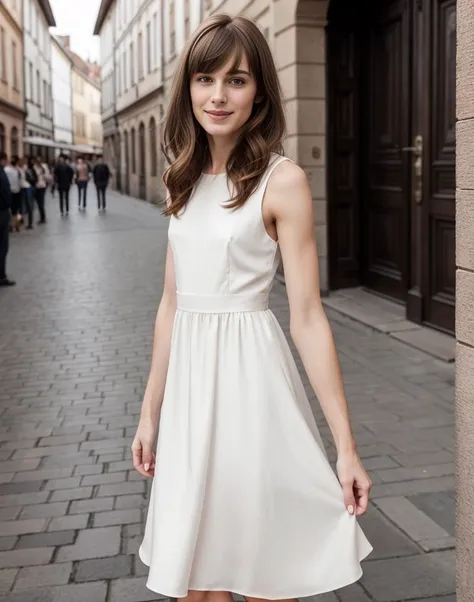 standing,posing for a picture, a slender thin 28yo man, medium chestnut length hair, blunt bangs, angular jaw, crossdressing in a petticoat silk dress, <lora:breastsizeslideroffset:-1.4> <lora:gender_slider_v1:-1.1> <lora:muscle_slider_v1:1.5> <lora:è¸é¨è°æ´:-1>, in an old european city