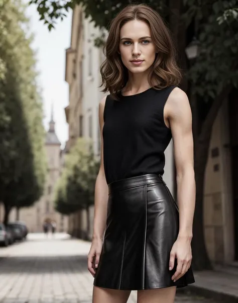standing,posing for a picture, a slender thin 28yo man, medium chestnut length hair, angular jaw, crossdressing in a leather skirt and off shoulders top , <lora:breastsizeslideroffset:-1.4> <lora:gender_slider_v1:-0.7> <lora:muscle_slider_v1:1.5> <lora:è¸é¨è°æ´:-1>, in an old european city, outdoors, tree, day, sunny