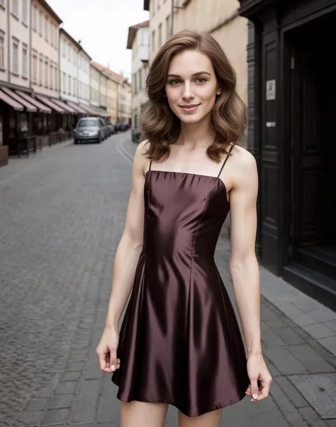 standing,posing for a picture, a slender thin 28yo man, medium chestnut length hair, angular jaw, crossdressing in a petticoat silk dress, <lora:breastsizeslideroffset:-1.4> <lora:gender_slider_v1:-1.1> <lora:muscle_slider_v1:1.5> <lora:è¸é¨è°æ´:-1>, in an old european city