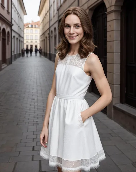 standing,posing for a picture, a slender thin 28yo man, medium chestnut length hair, blunt bangs, angular jaw, crossdressing in a petticoat silk dress, <lora:breastsizeslideroffset:-1.4> <lora:gender_slider_v1:-1.1> <lora:muscle_slider_v1:1.5> <lora:è¸é¨è°æ´:-1>, in an old european city