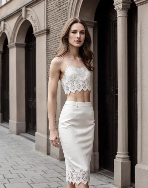 standing,posing for a picture, a slender thin  28yo man, medium chestnut length hair,  angular jaw,  crossdressing in a pencil skirt and lace spaghetti straps top,  <lora:breastsizeslideroffset:-1.4> <lora:gender_slider_v1:-0.7> <lora:muscle_slider_v1:1.5> <lora:è¸é¨è°æ´:-1>, in an old european city, outdoors, tree, day, sunny