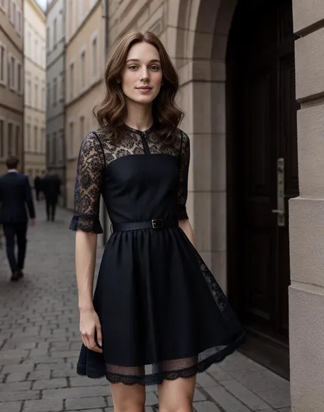 standing,posing for a picture, a slender thin 28yo man, medium chestnut length hair, angular jaw, crossdressing in a petticoat lace dress, <lora:breastsizeslideroffset:-1.4> <lora:gender_slider_v1:-1.1> <lora:muscle_slider_v1:1.5> <lora:è¸é¨è°æ´:-1>, in an old european city
