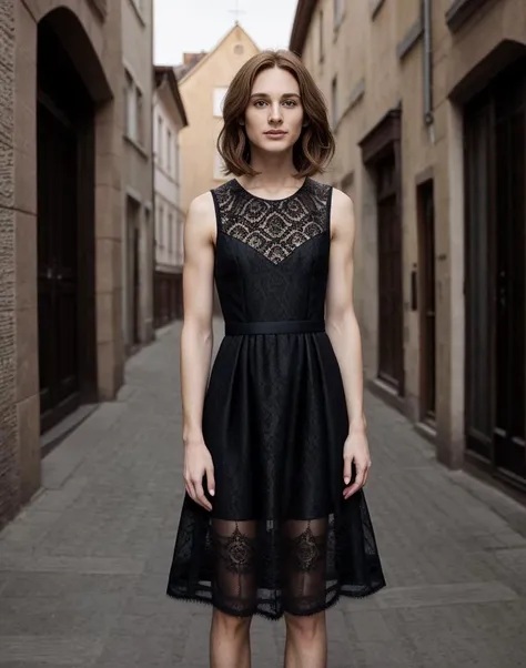 standing,posing for a picture, a slender thin 28yo man, medium chestnut length hair, angular jaw, crossdressing in a petticoat lace dress, <lora:breastsizeslideroffset:-1.4> <lora:gender_slider_v1:-1.1> <lora:muscle_slider_v1:1.5> <lora:è¸é¨è°æ´:-1>, in an old european city