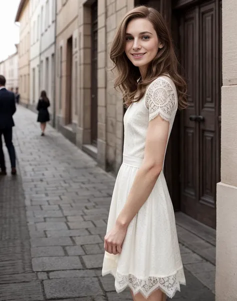 standing,posing for a picture, a slender thin 28yo man, medium chestnut length hair, angular jaw, crossdressing in a petticoat lace dress, <lora:breastsizeslideroffset:-1.4> <lora:gender_slider_v1:-1.1> <lora:muscle_slider_v1:1.5> <lora:è¸é¨è°æ´:-1>, in an old european city