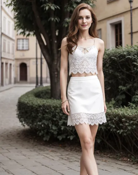 standing,posing for a picture, a slender thin 28yo man, medium chestnut length hair, angular jaw, crossdressing in a pencil skirt and lace spaghetti straps top, <lora:breastsizeslideroffset:-1.4> <lora:gender_slider_v1:-0.7> <lora:muscle_slider_v1:1.5> <lora:è¸é¨è°æ´:-1>, in an old european city, outdoors, tree, day, sunny