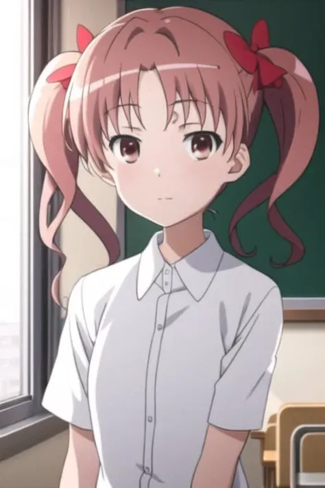 <lora:shirai_kuroko_v9-000003:0.8>, masterpiece, best quality, shirai_kuroko, twintails, looking at viewer, solo, closed_mouth, tokiwadai school uniform, collared_shirt, looking_at_viewer, shirt, white_shirt, small_breast, classroom, chalkboard, window, sunlight