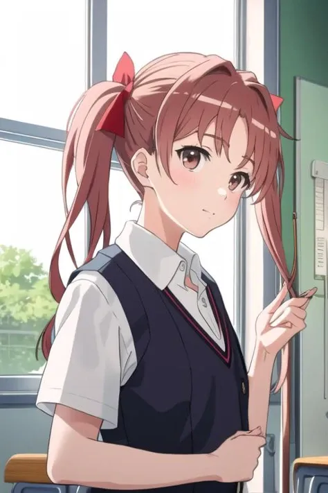<lora:shirai_kuroko_v9-000003:0.7>, masterpiece, best quality, shirai_kuroko, twintails, looking at viewer, solo, closed_mouth, collared_shirt, looking_at_viewer, tokiwadai school uniform, school_uniform, shirt, white_shirt, small_breast, classroom, chalkboard, window, sunlight