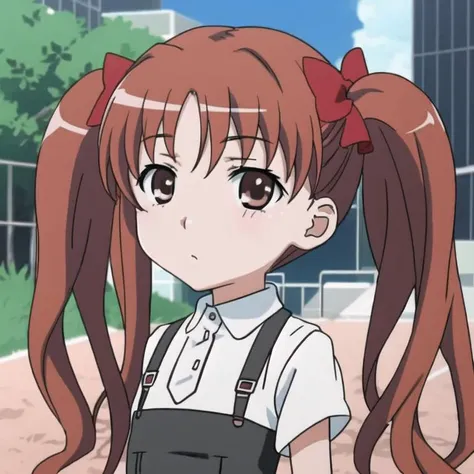 <lora:shirai_kuroko_v3-000003:0.9>, masterpiece, best quality, shirai_kuroko, twintails, brown eyes, looking at viewer, solo, upper body, suspender skirt, ((chibi)), ((sd)), ((cel-shading)), (thick lineart), (small legs), park, playground, depth of field