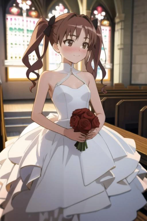 <lora:shirai_kuroko_v3-000003:0.9>, masterpiece, best quality, shirai_kuroko, twintails, brown eyes, (3d),  closed mouth, blush, smile, bare shoulders, breasts, white dress, wedding dress, holding rose bouquet, church,  cowboy shot