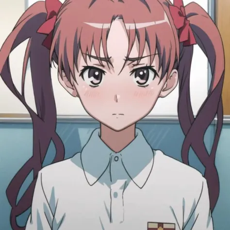 <lora:shirai_kuroko_v3-000003:0.9>, masterpiece, best quality, shirai_kuroko, twintails, looking at viewer, solo, closed_mouth, collared_shirt, looking_at_viewer, school_uniform, tokiwadai school uniform, shirt, white_shirt, small_breast, classroom