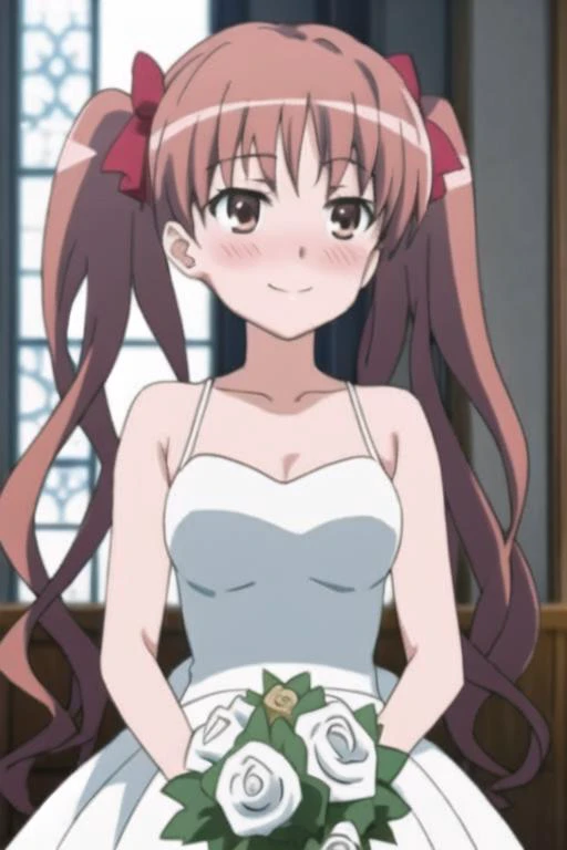 <lora:shirai_kuroko_v3-000003:0.9>, masterpiece, best quality, shirai_kuroko, twintails, brown eyes, closed mouth, blush, smile, bare shoulders, breasts, white dress, wedding dress, holding rose bouquet, church, cowboy shot