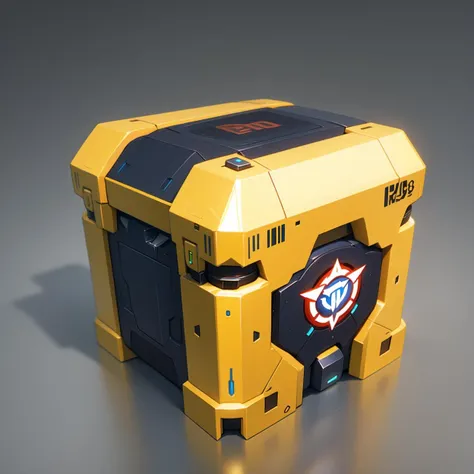 Mechanical box, gray background, cube, metal texture, badge decoration, electronic screen, no one, sci-fi style, simple background,game item design<lora:game box:0.8>