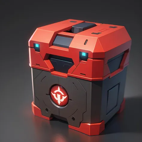 Mechanical box, black background, cube, gray background, metal texture, no one, red box, metallic sci-fi style, simple background, game item design<lora:game box:0.8>