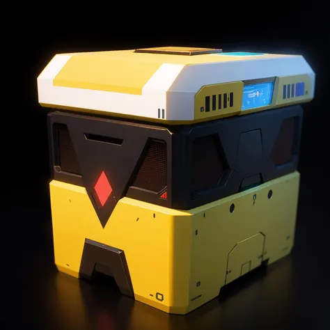 Mechanical box, black background, metal texture, no one, sci-fi style, shadow, electronic screen, game item design<lora:game box:0.8>
