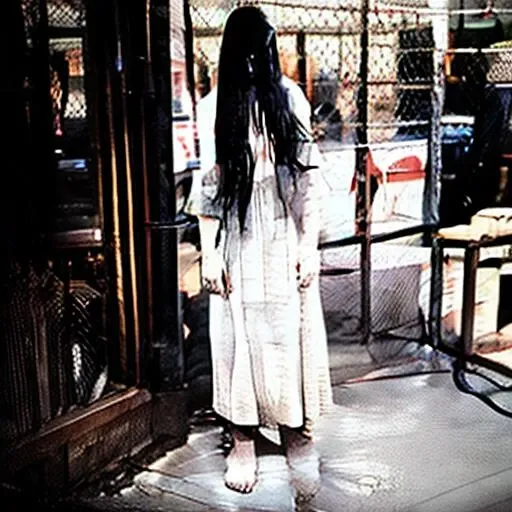 a photo of a ring girl, holding a sign, UFC, (rnd1), best quality, photorealistic, fine details, horror, sadako:1.4