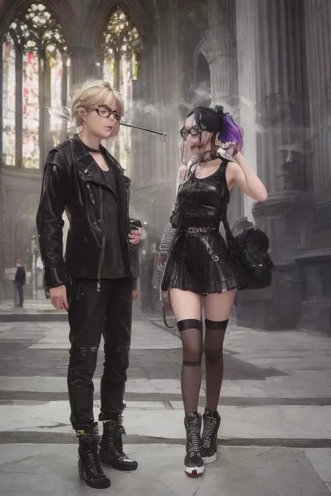 goth girl on glasses, cathedral and together with a girl that has cyberpunk clothes smoking a cigarette