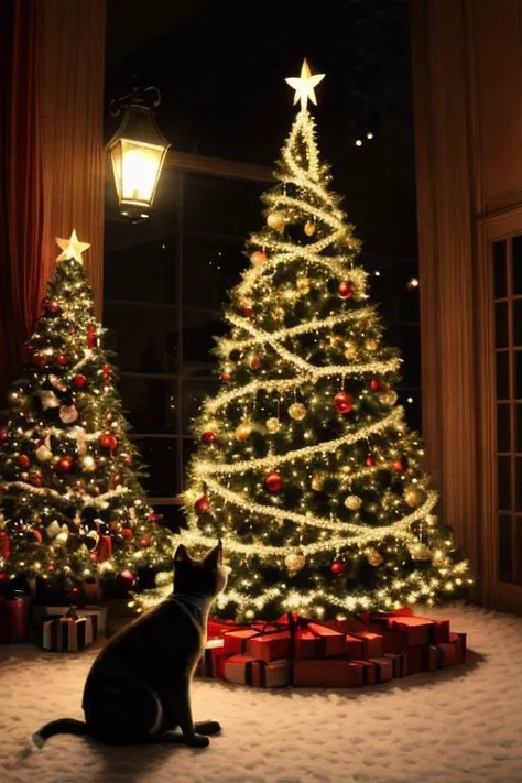 fair skin.
Christmas atmosphere
Gorgeous Christmas tree
romantic lighting
Merry Christmas
cute cat girl