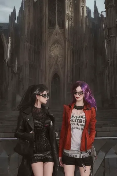goth girl on glasses, cathedral and together with a girl that has cyberpunk clothes smoking a cigarette
