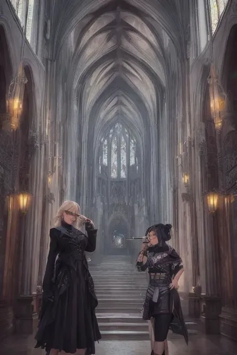 goth girl on glasses, cathedral and together with a girl that has cyberpunk clothes smoking a cigarette