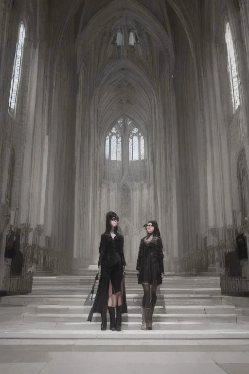 goth girl on glasses, cathedral and together with a girl that has cyberpunk clothes smoking a cigarette
