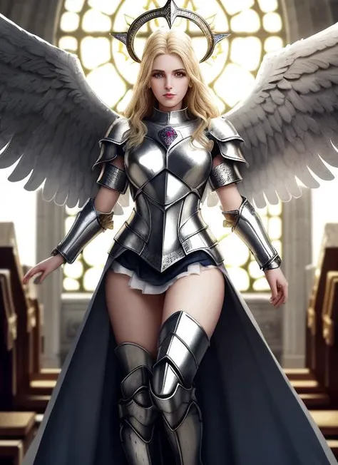 Ultra Realistic, full body, detailed face, lovely facial features, female archangel, scratched silver armor, runes, full body armor, large pouting lips, runic carvings, rim-lit, halo, magic, dirty battered armor, white skirt, detailed texture, atmospheric, light mode, larger golden wings, heavenly light background, in a church, golden glow, unstoppable, beautiful Madison Iseman, UHD, 8K, extremely detailed, photography, photorealism, natural light, masterpiece, best quality, amazing, intricate, highly detailed, sharp focus, cinematic,