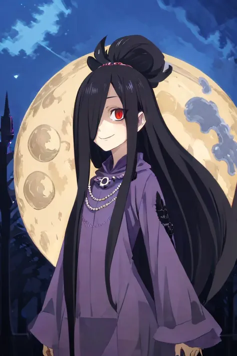 <lora:Harada_Takehito_v2_Repeats5:0.8>,((masterpiece,best quality)), absurdres, <lora:Sadatsuka_Nao_Shokugeki:0.8>, Sadatsuka_Nao_Shokugeki, 1girl, solo, black hair, long hair, hair over one eye, red eyes, purple cloak, skull accessory, @_@,  solo, smiling, evil smile, looking at viewer, cowboy shot, full moon,  cinematic composition,