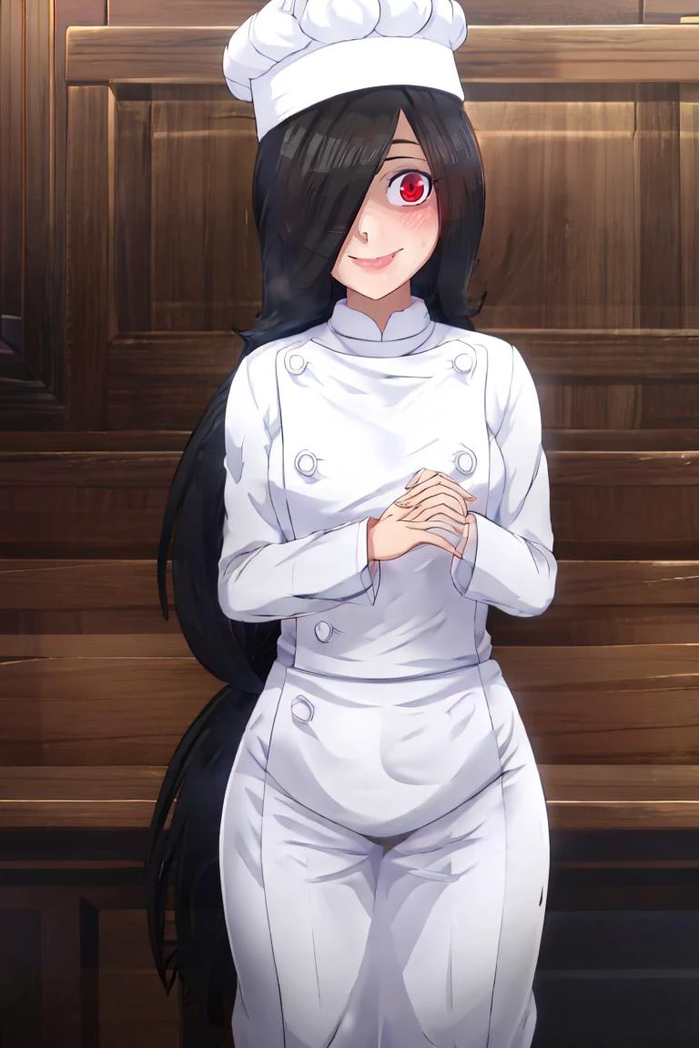 <lora:Konpeto_Style_Dim32:0.8>,((masterpiece,best quality)), absurdres, <lora:Sadatsuka_Nao_Shokugeki:0.8>, Sadatsuka_Nao_Shokugeki, 1girl, solo, black hair, long hair, hair over one eye, red eyes, chef, chef hat, @_@, solo, smiling, blushing, looking at viewer, cowboy shot,