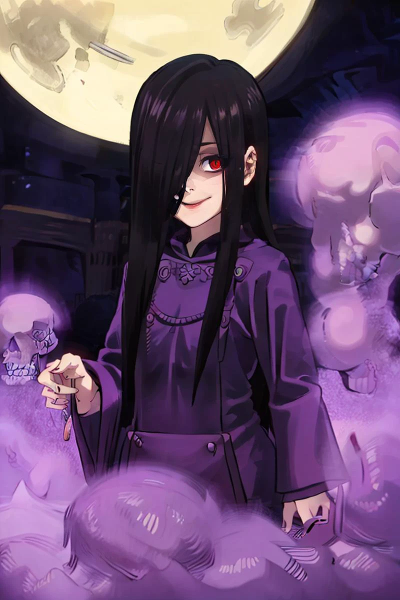 <lora:Alex_Ahad_Style:0.8>,((masterpiece,best quality)), absurdres, <lora:Sadatsuka_Nao_Shokugeki:0.8>, Sadatsuka_Nao_Shokugeki, 1girl, solo, black hair, long hair, hair over one eye, red eyes, purple cloak, skull accessory, @_@, solo, smiling, evil smile, looking at viewer, cowboy shot, full moon, cinematic composition,