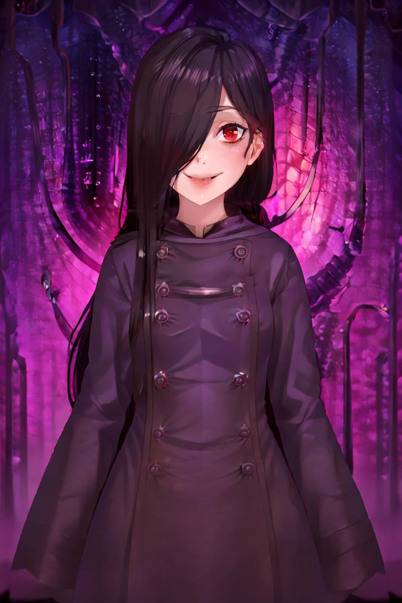 <lora:Puppypaww_Style:0.8>,((masterpiece,best quality)), absurdres, <lora:Sadatsuka_Nao_Shokugeki:0.8>, Sadatsuka_Nao_Shokugeki, 1girl, solo, black hair, long hair, hair over one eye, red eyes, purple cloak, skull accessory, @_@, solo, smiling, evil smile, looking at viewer, cowboy shot, full moon, cinematic composition,