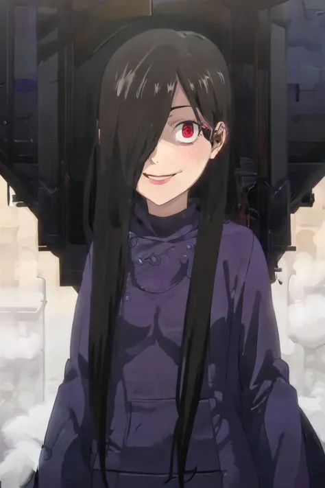 <lora:noelia_ponce_style:0.8>,((masterpiece,best quality)), absurdres, <lora:Sadatsuka_Nao_Shokugeki:0.8>, Sadatsuka_Nao_Shokugeki, 1girl, solo, black hair, long hair, hair over one eye, red eyes, purple cloak, skull accessory, @_@,  solo, smiling, evil smile, looking at viewer, cowboy shot, full moon,  cinematic composition,