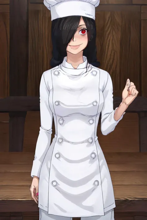 <lora:Oda_Eiichirou_Animation_Style_Dim32:0.8>,((masterpiece,best quality)), absurdres, <lora:Sadatsuka_Nao_Shokugeki:0.8>, Sadatsuka_Nao_Shokugeki, 1girl, solo, black hair, long hair, hair over one eye, red eyes, chef, chef hat, @_@, solo, smiling, blushing, looking at viewer, cowboy shot,
