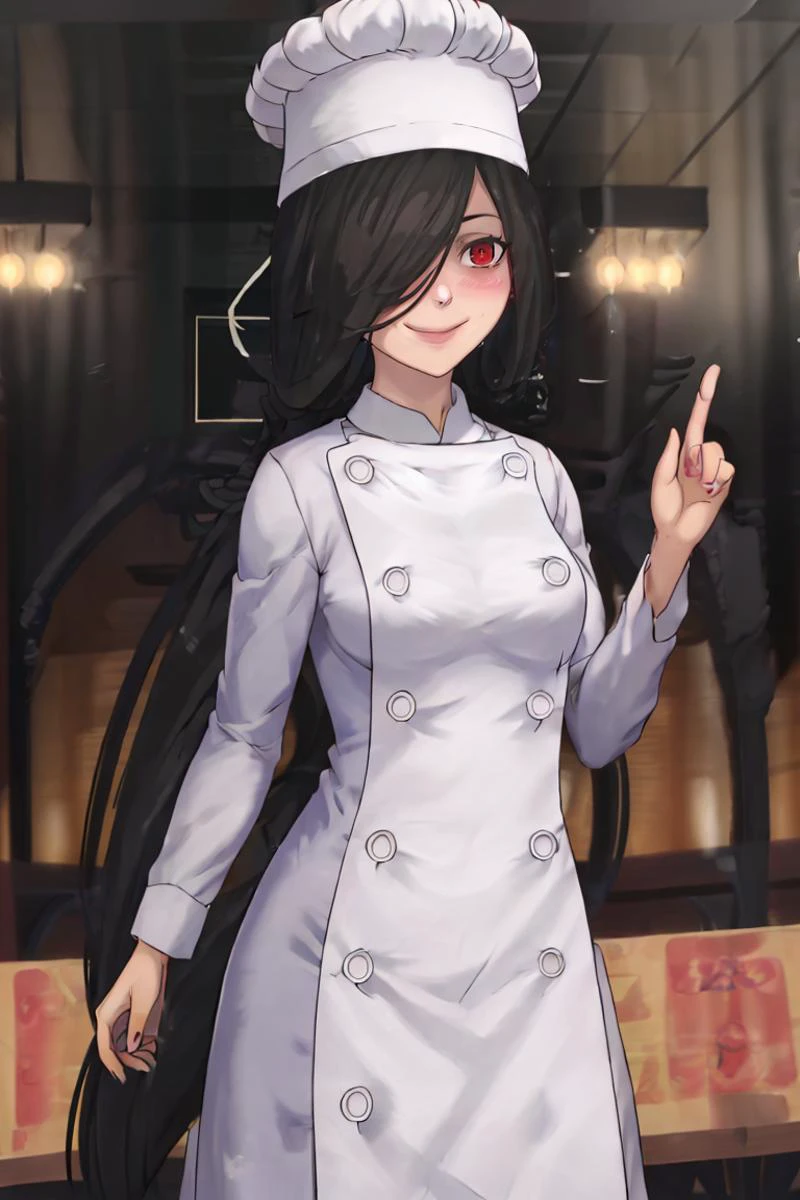 <lora:Sugimori_Ken_Style_v2:0.8>,((masterpiece,best quality)), absurdres, <lora:Sadatsuka_Nao_Shokugeki:0.8>, Sadatsuka_Nao_Shokugeki, 1girl, solo, black hair, long hair, hair over one eye, red eyes, chef, chef hat, @_@, solo, smiling, blushing, looking at viewer, cowboy shot,