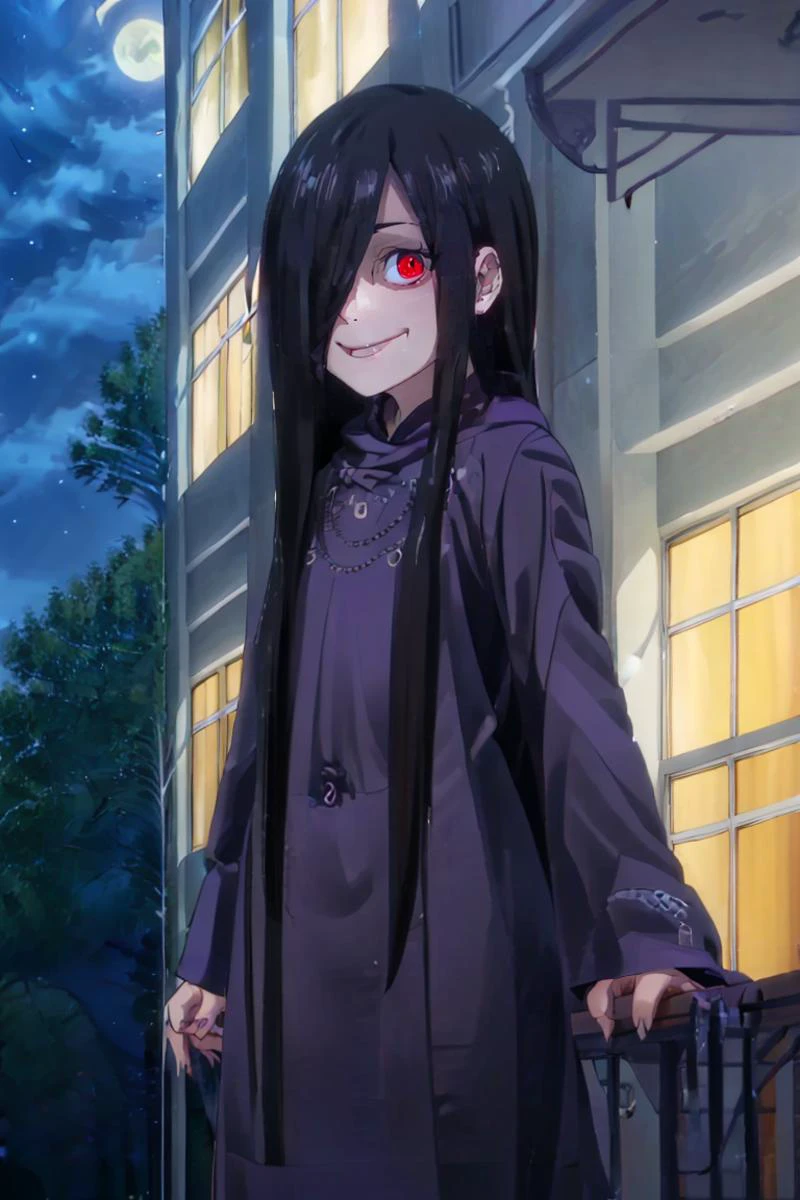 <lora:hoshino_fuuta_style:0.8>,((masterpiece,best quality)), absurdres, <lora:Sadatsuka_Nao_Shokugeki:0.8>, Sadatsuka_Nao_Shokugeki, 1girl, solo, black hair, long hair, hair over one eye, red eyes, purple cloak, skull accessory, @_@, solo, smiling, evil smile, looking at viewer, cowboy shot, full moon, cinematic composition,