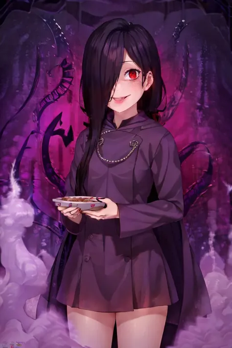 <lora:Puppypaww_Style:0.8>,((masterpiece,best quality)), absurdres, <lora:Sadatsuka_Nao_Shokugeki:0.8>, Sadatsuka_Nao_Shokugeki, 1girl, solo, black hair, long hair, hair over one eye, red eyes, purple cloak, skull accessory, @_@, solo, smiling, evil smile, looking at viewer, cowboy shot, full moon, purple smoke, Cauldron, cinematic composition,