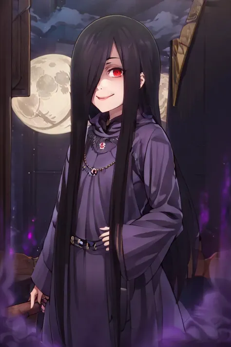 <lora:ricegnat_style:0.8>,((masterpiece,best quality)), absurdres, <lora:Sadatsuka_Nao_Shokugeki:0.8>, Sadatsuka_Nao_Shokugeki, 1girl, solo, black hair, long hair, hair over one eye, red eyes, purple cloak, skull accessory, @_@, solo, smiling, evil smile, looking at viewer, cowboy shot, full moon, cinematic composition,