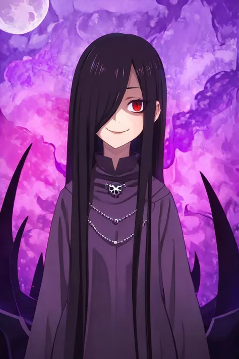 <lora:Harada_Takehito_v2_Repeats5:0.8>,((masterpiece,best quality)), absurdres, <lora:Sadatsuka_Nao_Shokugeki:0.8>, Sadatsuka_Nao_Shokugeki, 1girl, solo, black hair, long hair, hair over one eye, red eyes, purple cloak, skull accessory, @_@, solo, smiling, evil smile, looking at viewer, cowboy shot, full moon, purple smoke, Cauldron, cinematic composition,