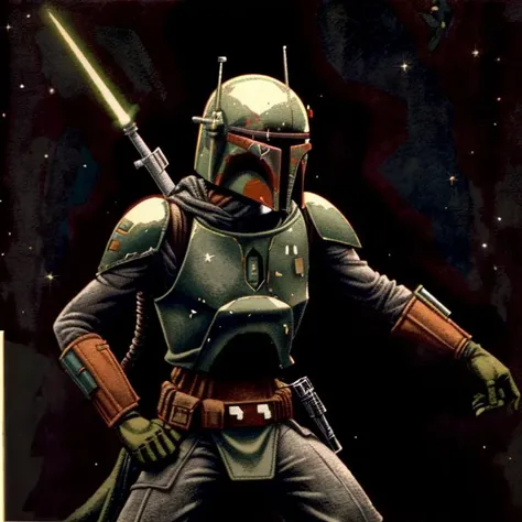 boba fett from star wars, by Hannes Bok <lora:hannesbok:1>