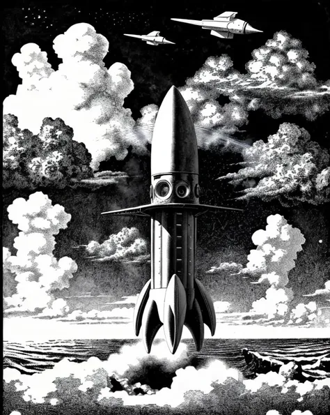 rocketship, ocean, clouds, by Hannes Bok, black and white, monochrome <lora:hannesbok:1>