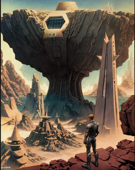 science fiction warrior, standing on a cliff, futuristic city, by Hannes Bok<lora:hannesbok:1>