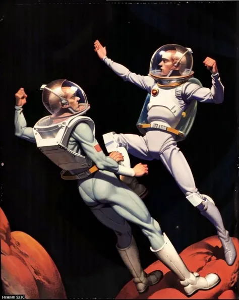 two men in spacesuits fighting, by Hannes Bok <lora:hannesbok:1>