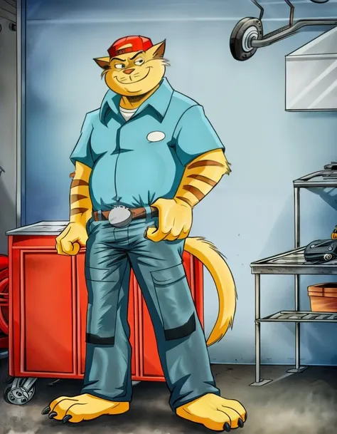 male focus, chance furlong, cat, (plump:1.2), stripes, tail, toe claws, shirt, belt, baseball cap, grey pants, mechanic clothes, mechanic, smile, pose, garage, detailed background, (plantigrade:1.2), barefoot, cartoon, realistic, 4k <lora:chance-furlong:1>