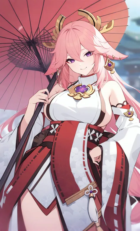 yae_miko 1girl animal_ears blurry breasts depth_of_field detached_sleeves earrings floppy_ears fox_ears hair_between_eyes hair_flaps hand_up holding holding_umbrella japanese_clothes jewelry kimono large_breasts long_hair looking_at_viewer nontraditional_miko oil-paper_umbrella pink_hair purple_eyes red_umbrella sideboob sideless_kimono sideless_outfit smile solo tassel umbrella very_long_hair white_kimono wide_sleeves flat_coating clear_color highres absurdres best_quality