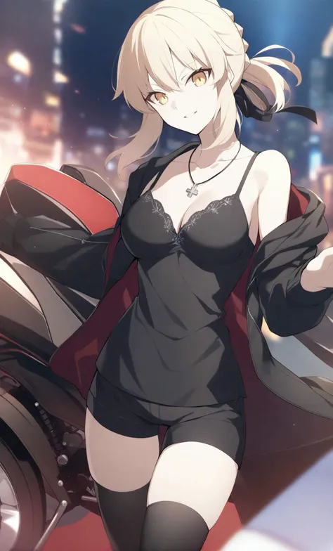 artoria_pendragon_(fate) saber_alter saber_alter_(ver._shinjuku_1999)_(fate) 1girl black_camisole black_jacket black_ribbon black_shorts black_thighhighs blonde_hair breasts camisole cleavage collarbone hair_ribbon jacket jewelry long_hair long_sleeves looking_at_viewer low_ponytail medium_breasts motor_vehicle motorcycle necklace open_clothes open_jacket parted_lips ribbon short_shorts shorts sidelocks smile solo thighhighs thighs yellow_eyes flat_coating clear_color highres absurdres best_quality