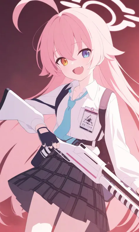 red_theme anime_girl_with_pink_hair_and_blue_eyes_holding_a_gun 1girl hoshino_\(blue_archive\) gloves solo heterochromia halo pink_hair id_card fingerless_gloves necktie weapon long_hair shirt blue_necktie blue_eyes shotgun black_gloves ahoge gun white_shirt skirt collared_shirt looking_at_viewer long_sleeves plaid_skirt shield yellow_eyes shotgun_shell plaid open_mouth fang orange_eyes smile grey_skirt bangs school_uniform best_quality newest